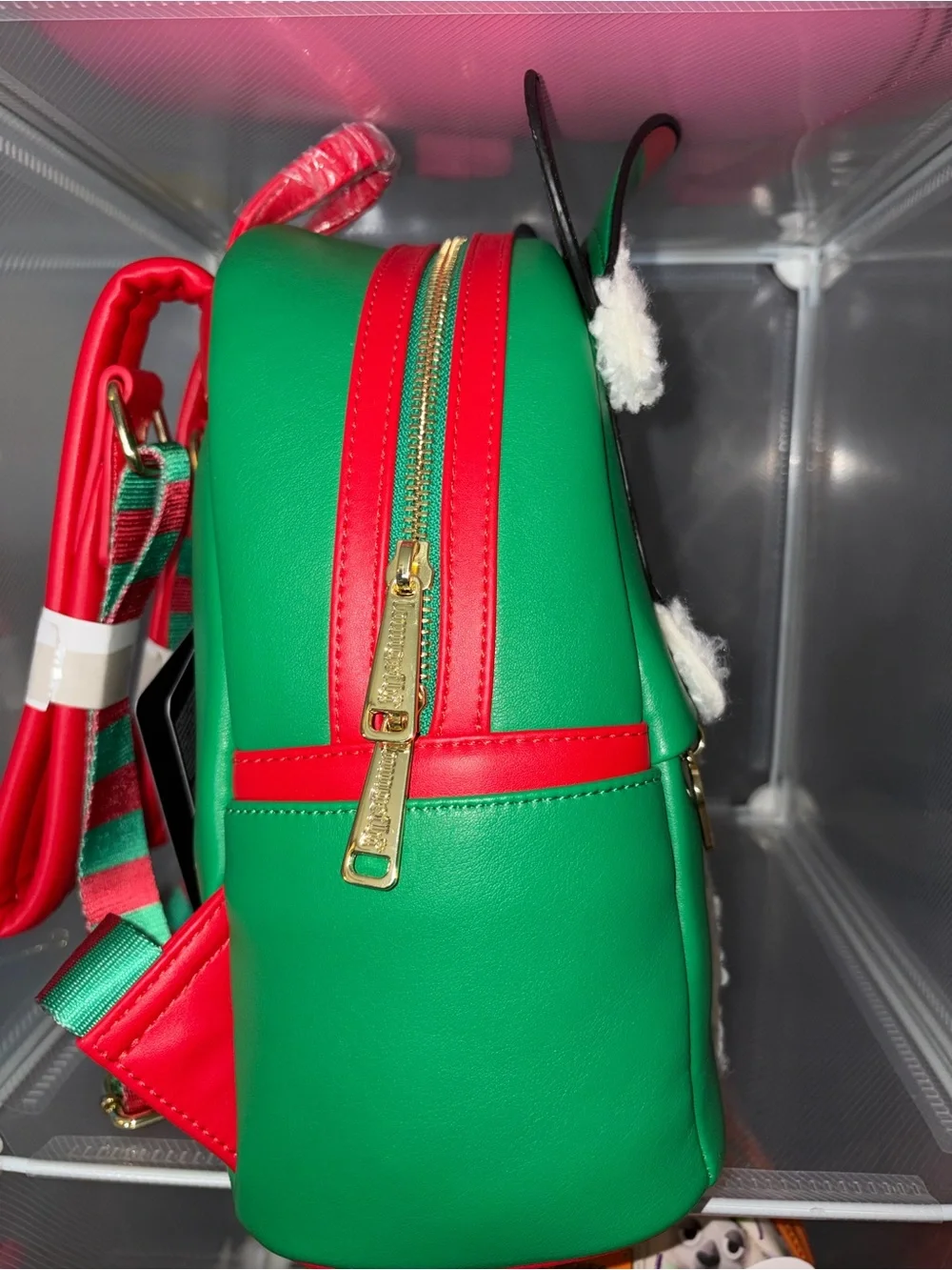 Loungefly Green & Red Mickey Holiday Backpack with Sherpa Trim